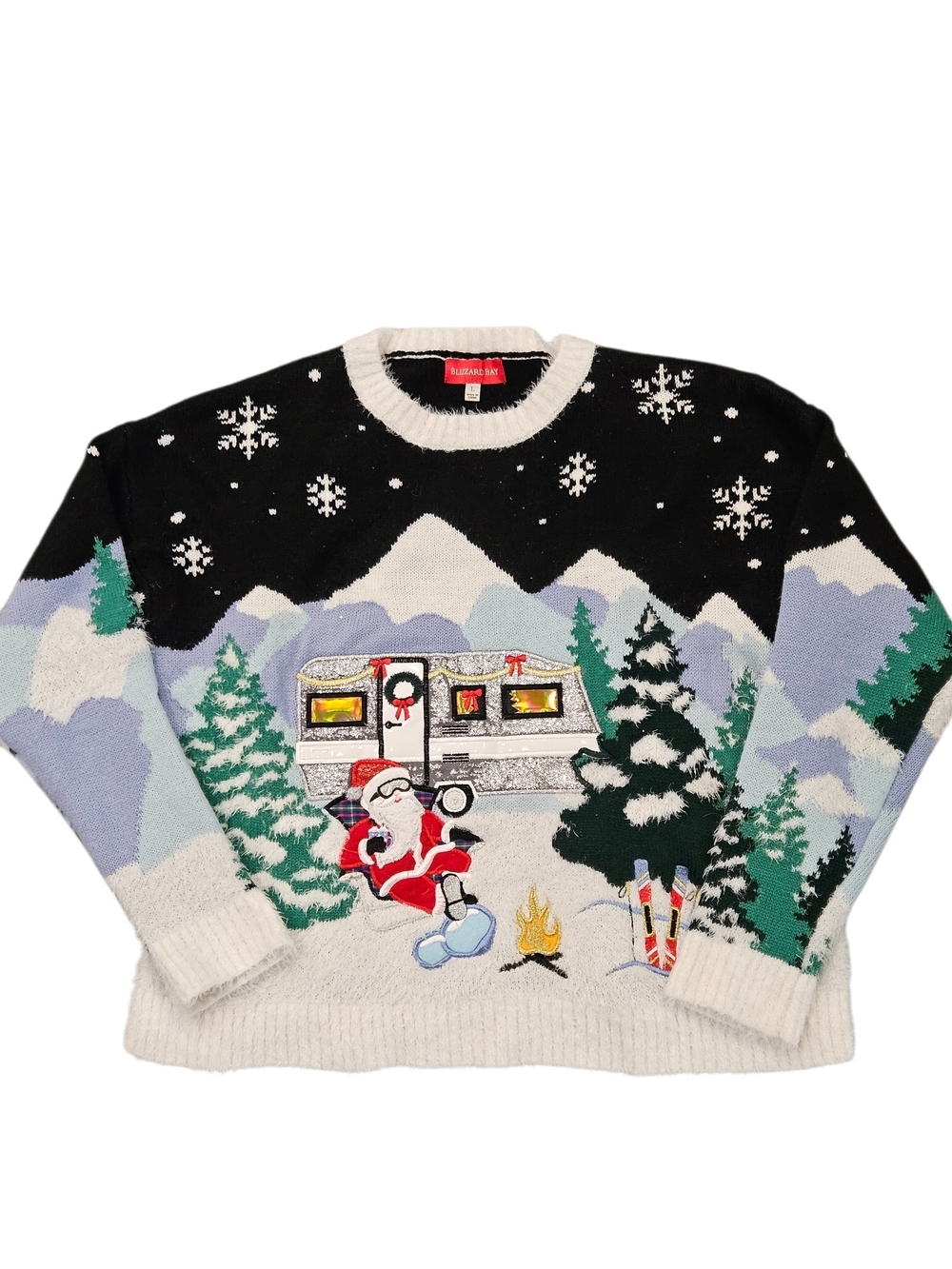Blizzard Bay Ugly Christmas Sweater Glitter RV Camping Santa Large